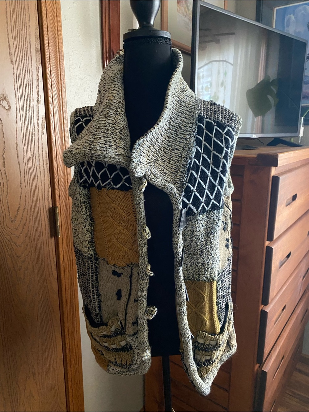 Textured Patchwork Knit Vest in Black, Cream & Mustard